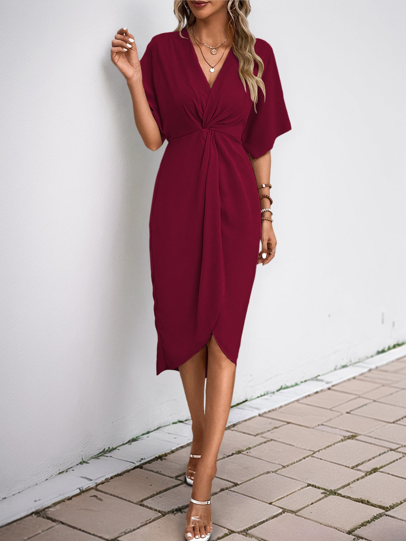 Green Batwing Sleeve Midi Dress Women V-Neck Twist Front A-Line Summer Beach Dress Elegan Wedding Guest Dress - Seldom Seen Styles