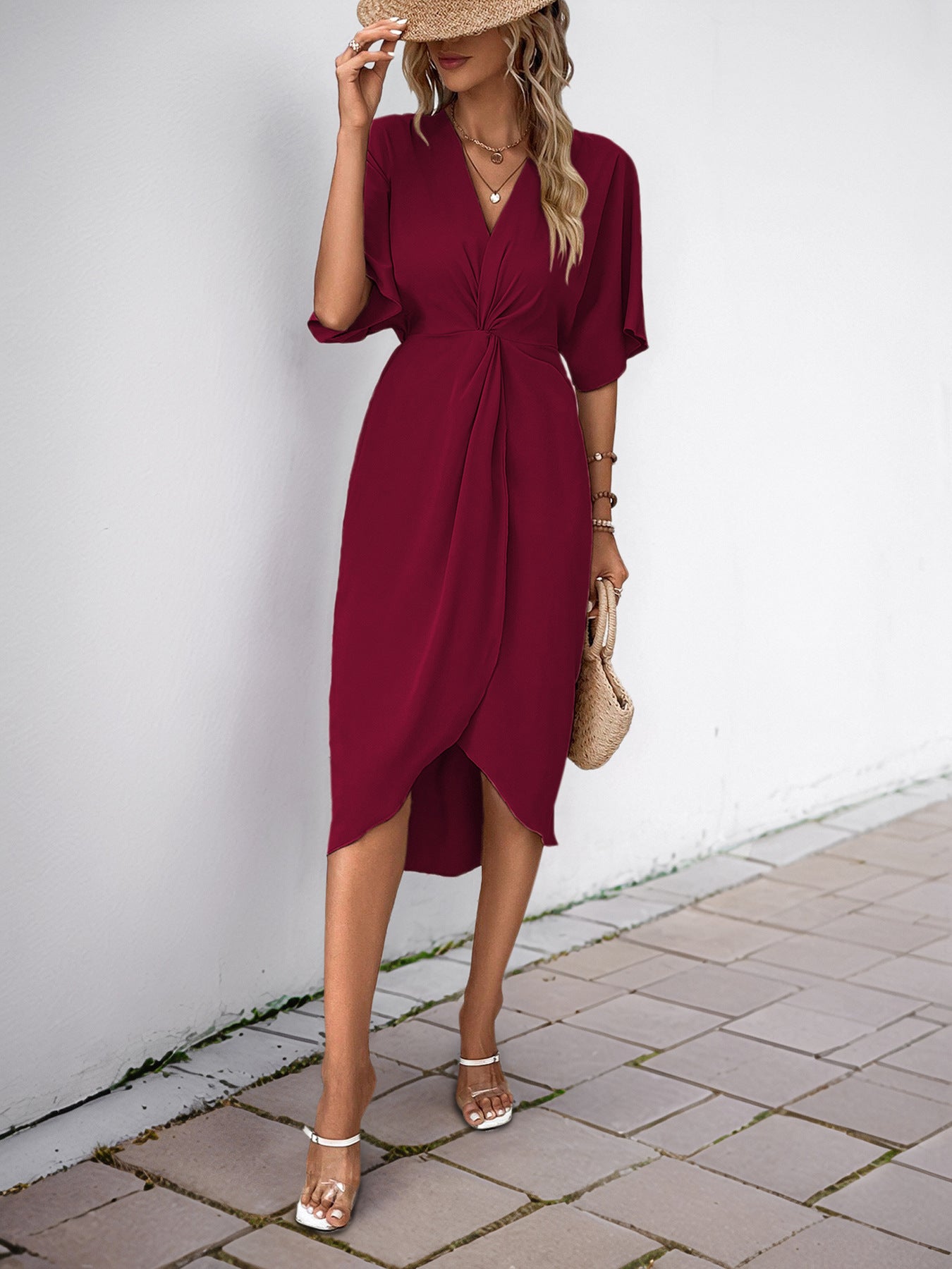 Green Batwing Sleeve Midi Dress Women V-Neck Twist Front A-Line Summer Beach Dress Elegan Wedding Guest Dress - Seldom Seen Styles