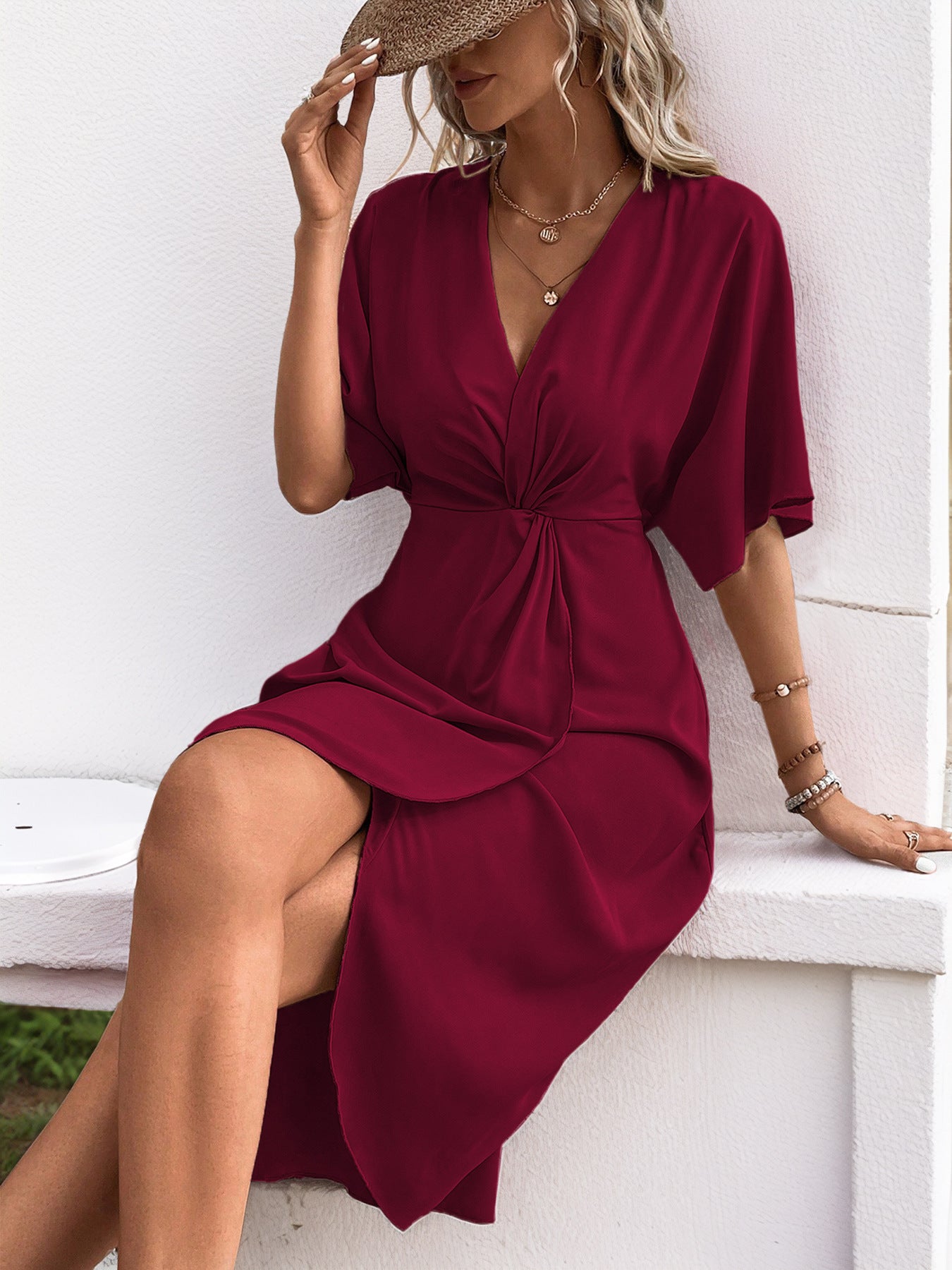 Green Batwing Sleeve Midi Dress Women V-Neck Twist Front A-Line Summer Beach Dress Elegan Wedding Guest Dress - Seldom Seen Styles