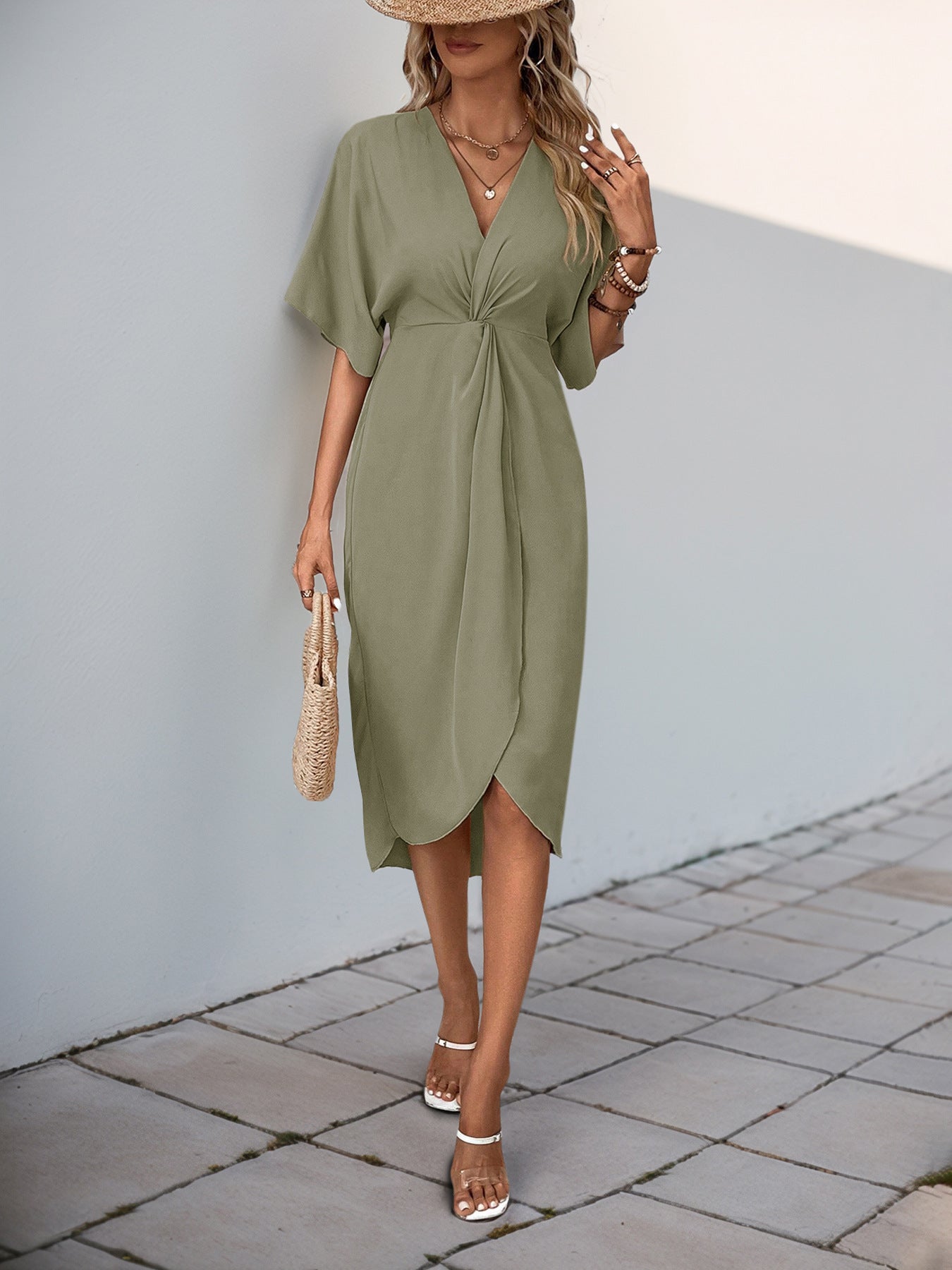 Green Batwing Sleeve Midi Dress Women V-Neck Twist Front A-Line Summer Beach Dress Elegan Wedding Guest Dress - Seldom Seen Styles