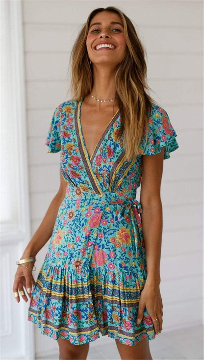 Green Boho Floral Print Mini Dress - Seldom Seen Styles