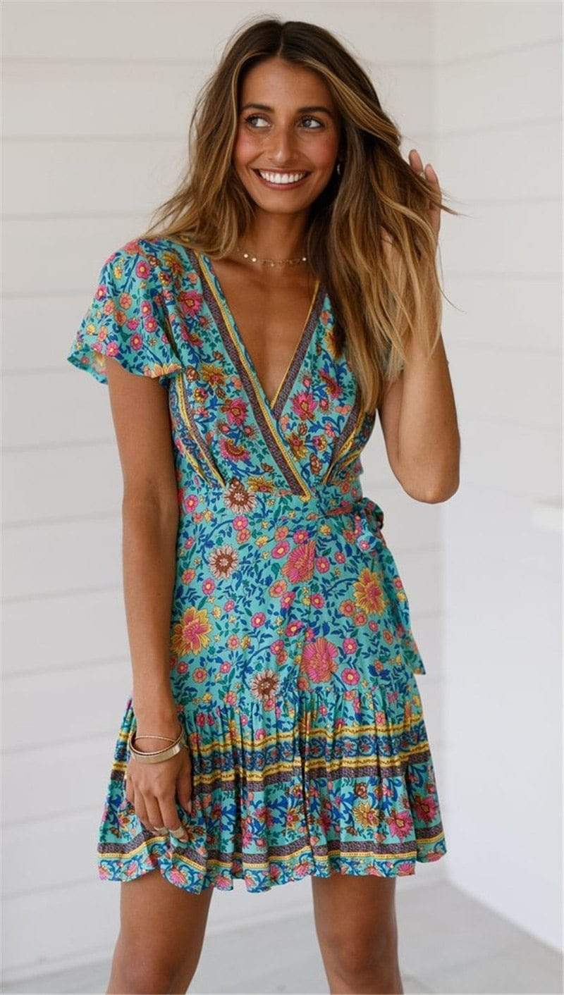 Green Boho Floral Print Mini Dress - Seldom Seen Styles