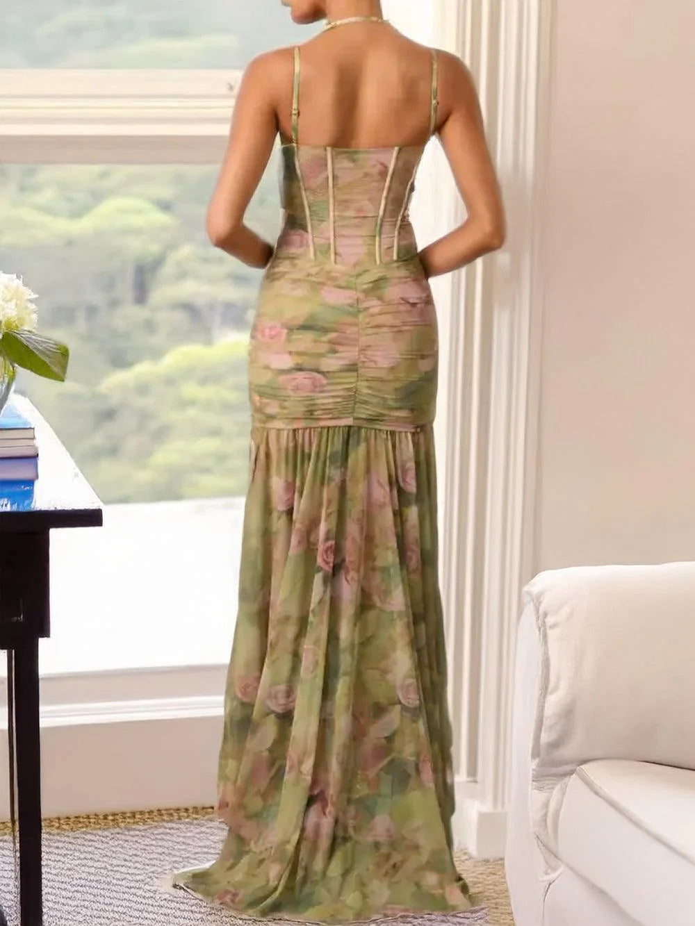 Green Floral Dress Ruffled Asymmetric Bodycon Gown - Seldom Seen Styles