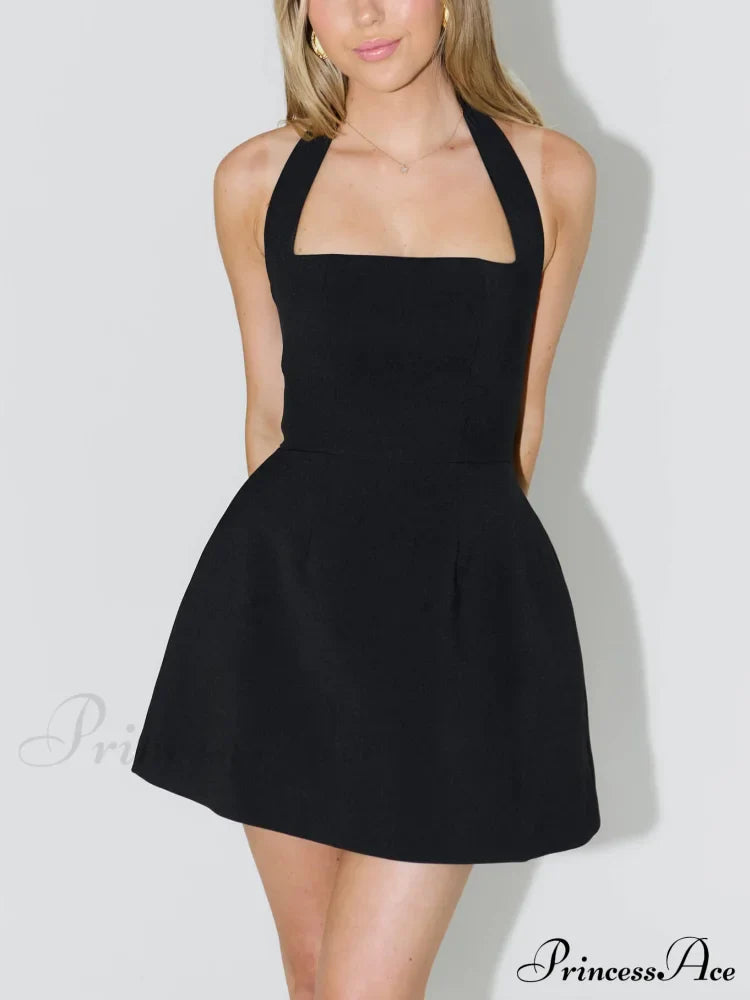 Halterneck Open-Back High-Waisted Charming A-Line Wide-Hem Mini Dress - Seldom Seen Styles