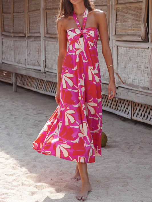 Halterneck Print Berry Lotus Midi dress - Seldom Seen Styles