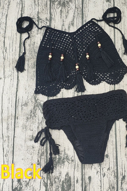 Handmade Crochet Halter Beaded Bikini Sexy Suit - Seldom Seen Styles