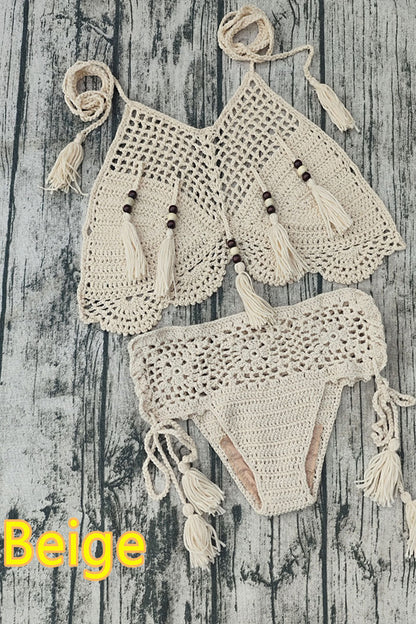 Handmade Crochet Halter Beaded Bikini Sexy Suit - Seldom Seen Styles