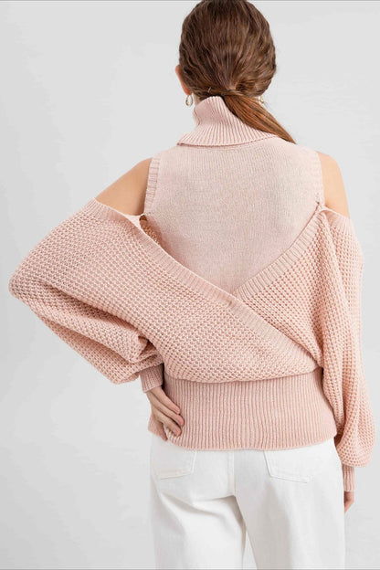 High Neck Off-Shoulder Double Layer Womens 2025 Winter Fall Solid Turtleneck High Neck Balloon Long Sleeve Sweaters Pullover Outerwear - Seldom Seen Styles