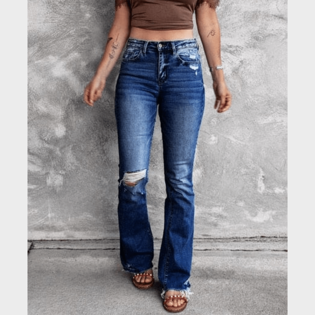 High Waist Ripped Flare Leg Denim Jeans - Seldom Seen Styles