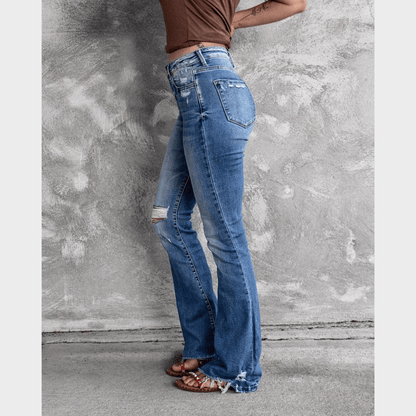 High Waist Ripped Flare Leg Denim Jeans - Seldom Seen Styles