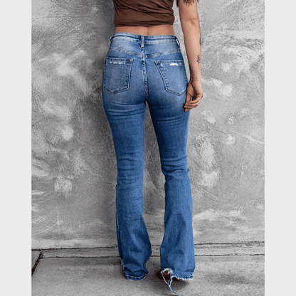 High Waist Ripped Flare Leg Denim Jeans - Seldom Seen Styles