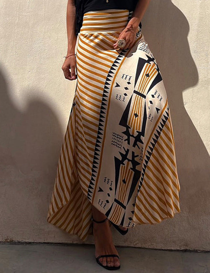 High Waist Stripes Splice Printed Maxi Irregular Skirt - Seldom Seen Styles