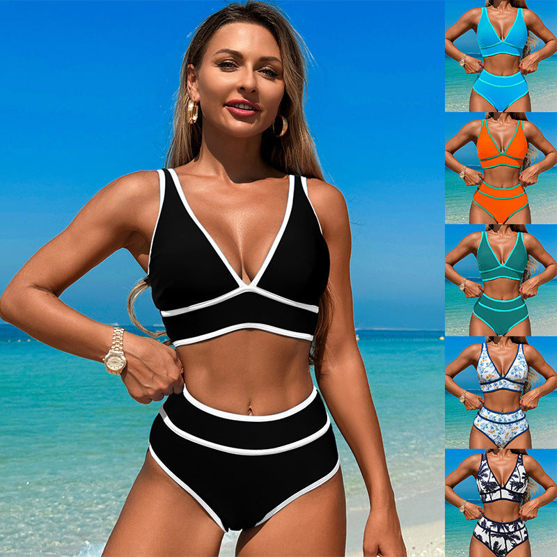 High Waisted Bikini Sets Womens Cheeky Two Piece Swimsuit V Neck Color Block Bathing Suit - Seldom Seen Styles