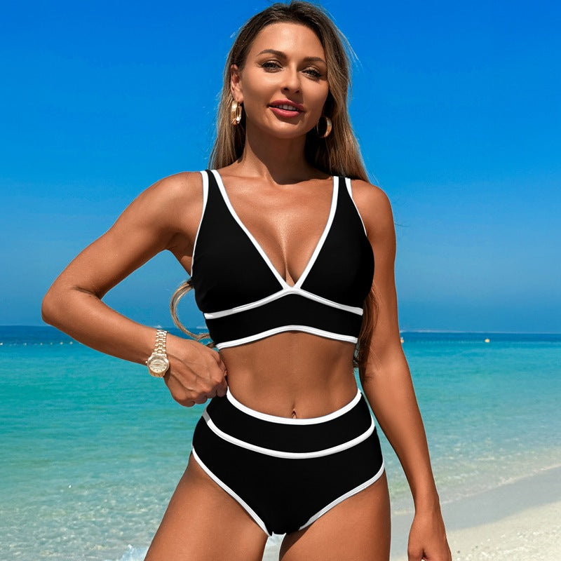 High Waisted Bikini Sets Womens Cheeky Two Piece Swimsuit V Neck Color Block Bathing Suit - Seldom Seen Styles
