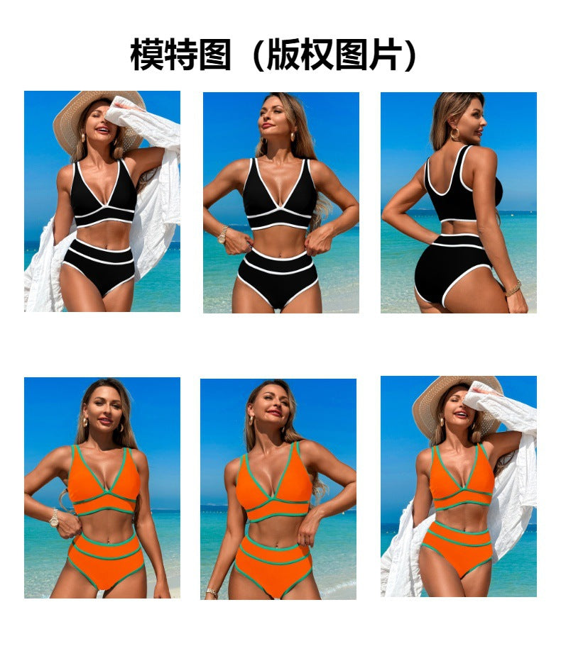 High Waisted Bikini Sets Womens Cheeky Two Piece Swimsuit V Neck Color Block Bathing Suit - Seldom Seen Styles