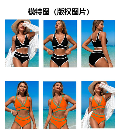 High Waisted Bikini Sets Womens Cheeky Two Piece Swimsuit V Neck Color Block Bathing Suit - Seldom Seen Styles