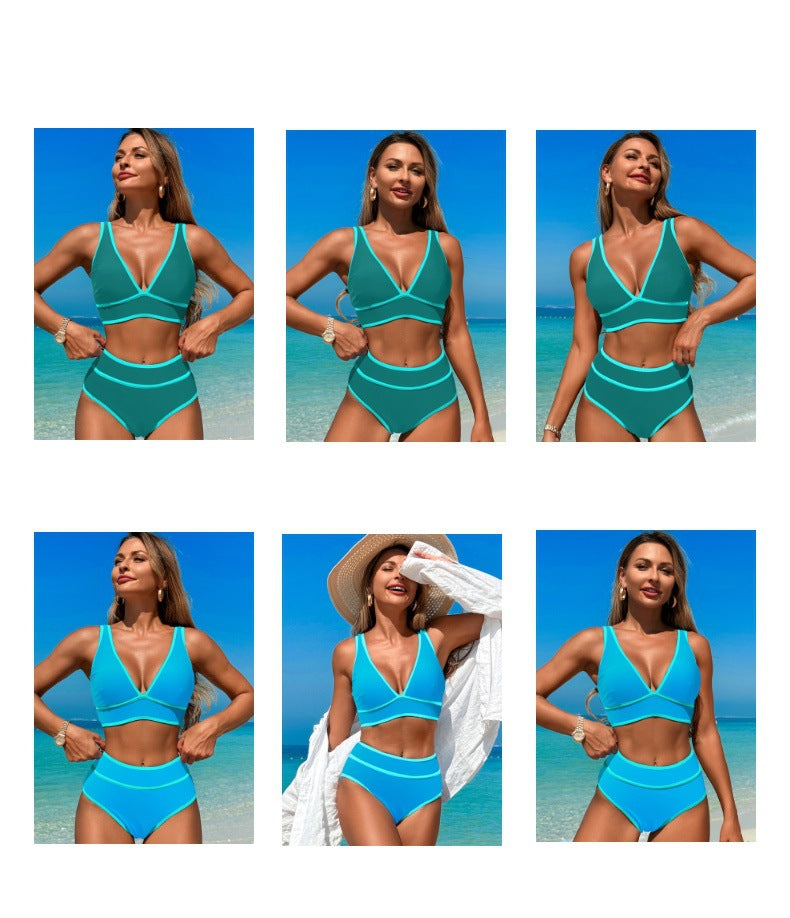 High Waisted Bikini Sets Womens Cheeky Two Piece Swimsuit V Neck Color Block Bathing Suit - Seldom Seen Styles