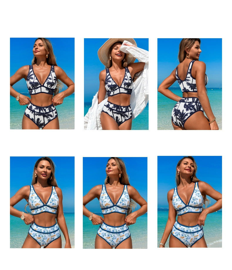 High Waisted Bikini Sets Womens Cheeky Two Piece Swimsuit V Neck Color Block Bathing Suit - Seldom Seen Styles
