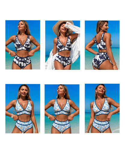 High Waisted Bikini Sets Womens Cheeky Two Piece Swimsuit V Neck Color Block Bathing Suit - Seldom Seen Styles