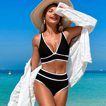 High Waisted Bikini Sets Womens Cheeky Two Piece Swimsuit V Neck Color Block Bathing Suit - Seldom Seen Styles