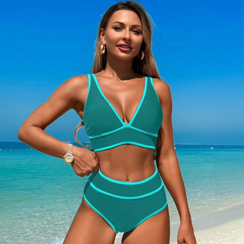 High Waisted Bikini Sets Womens Cheeky Two Piece Swimsuit V Neck Color Block Bathing Suit - Seldom Seen Styles