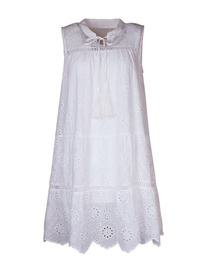 Hollow Lace-Up Solid Color Loose Sleeveless Round-neck Mini Dresses - Seldom Seen Styles