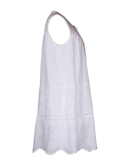 Hollow Lace-Up Solid Color Loose Sleeveless Round-neck Mini Dresses - Seldom Seen Styles