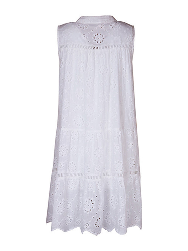 Hollow Lace-Up Solid Color Loose Sleeveless Round-neck Mini Dresses - Seldom Seen Styles