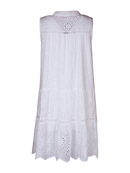 Hollow Lace-Up Solid Color Loose Sleeveless Round-neck Mini Dresses - Seldom Seen Styles