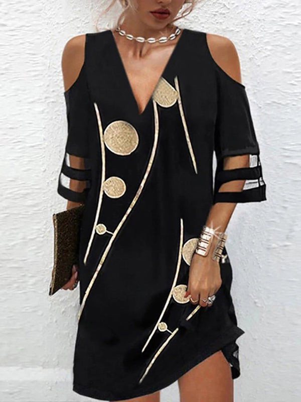 Hollow Mesh Polka-Dot Printed Split-Joint Half Sleeves Loose Cold shoulder Mini Dresses - Seldom Seen Styles