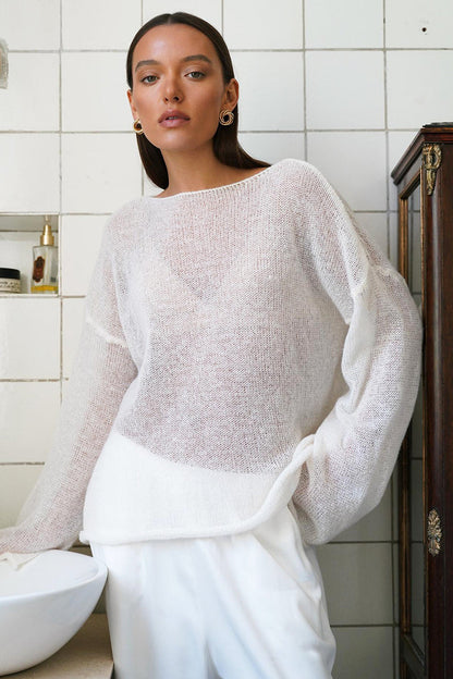 Hollow Out Bell Sleeve Women  Long Sleeve Sheer Mesh Knit Sweater Tops Y2K Summer Loose Hollow Out Pullover Jumper Shirt Beach - Seldom Seen Styles