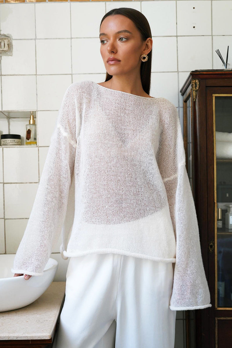 Hollow Out Bell Sleeve Women  Long Sleeve Sheer Mesh Knit Sweater Tops Y2K Summer Loose Hollow Out Pullover Jumper Shirt Beach - Seldom Seen Styles