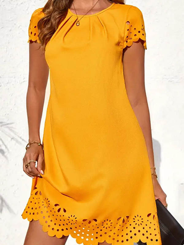 Hollow Pleated Solid Color Split-Joint Loose Short Sleeves Round-Neck Mini Dresses - Seldom Seen Styles