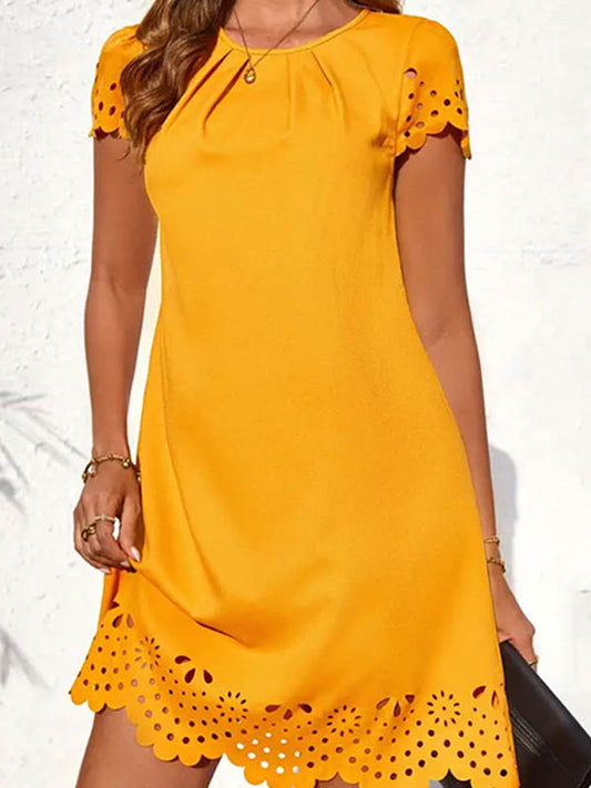 Hollow Pleated Solid Color Split-Joint Loose Short Sleeves Round-Neck Mini Dresses - Seldom Seen Styles