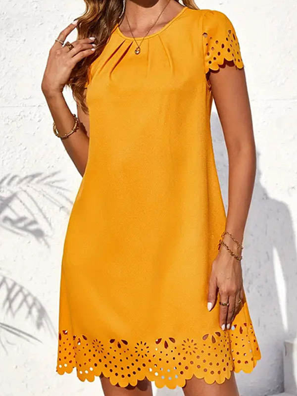 Hollow Pleated Solid Color Split-Joint Loose Short Sleeves Round-Neck Mini Dresses - Seldom Seen Styles
