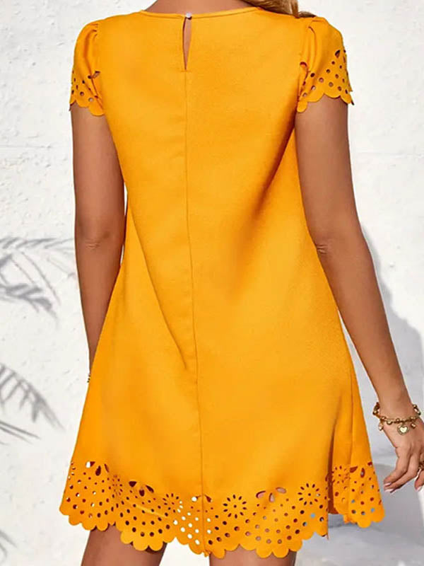 Hollow Pleated Solid Color Split-Joint Loose Short Sleeves Round-Neck Mini Dresses - Seldom Seen Styles