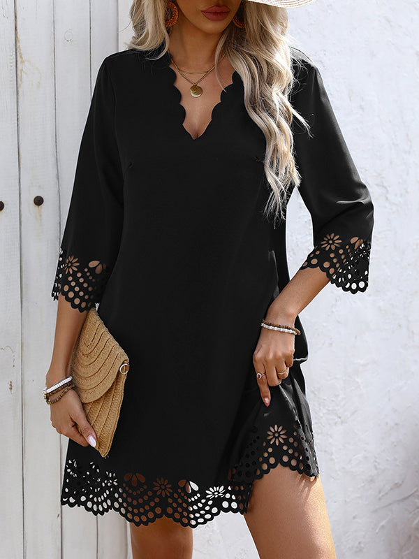 Hollow Solid Color A-Line Loose V-Neck Mini Dresses - Seldom Seen Styles
