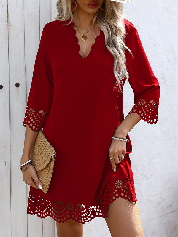 Hollow Solid Color A-Line Loose V-Neck Mini Dresses - Seldom Seen Styles