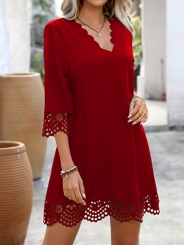 Hollow Solid Color A-Line Loose V-Neck Mini Dresses - Seldom Seen Styles