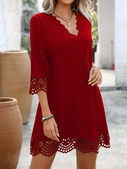 Hollow Solid Color A-Line Loose V-Neck Mini Dresses - Seldom Seen Styles