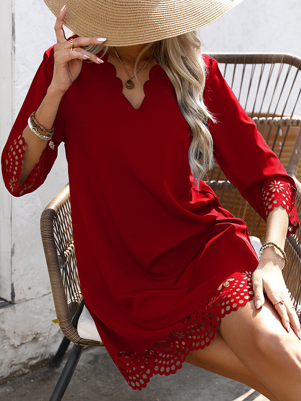 Hollow Solid Color A-Line Loose V-Neck Mini Dresses - Seldom Seen Styles