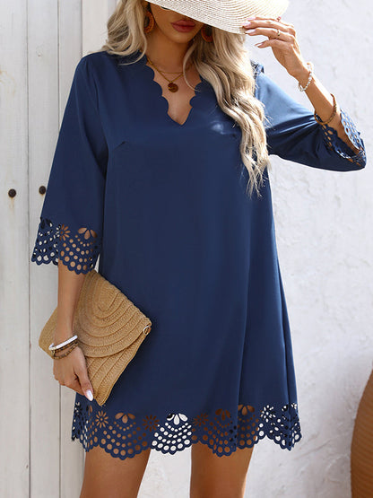 Hollow Solid Color A-Line Loose V-Neck Mini Dresses - Seldom Seen Styles