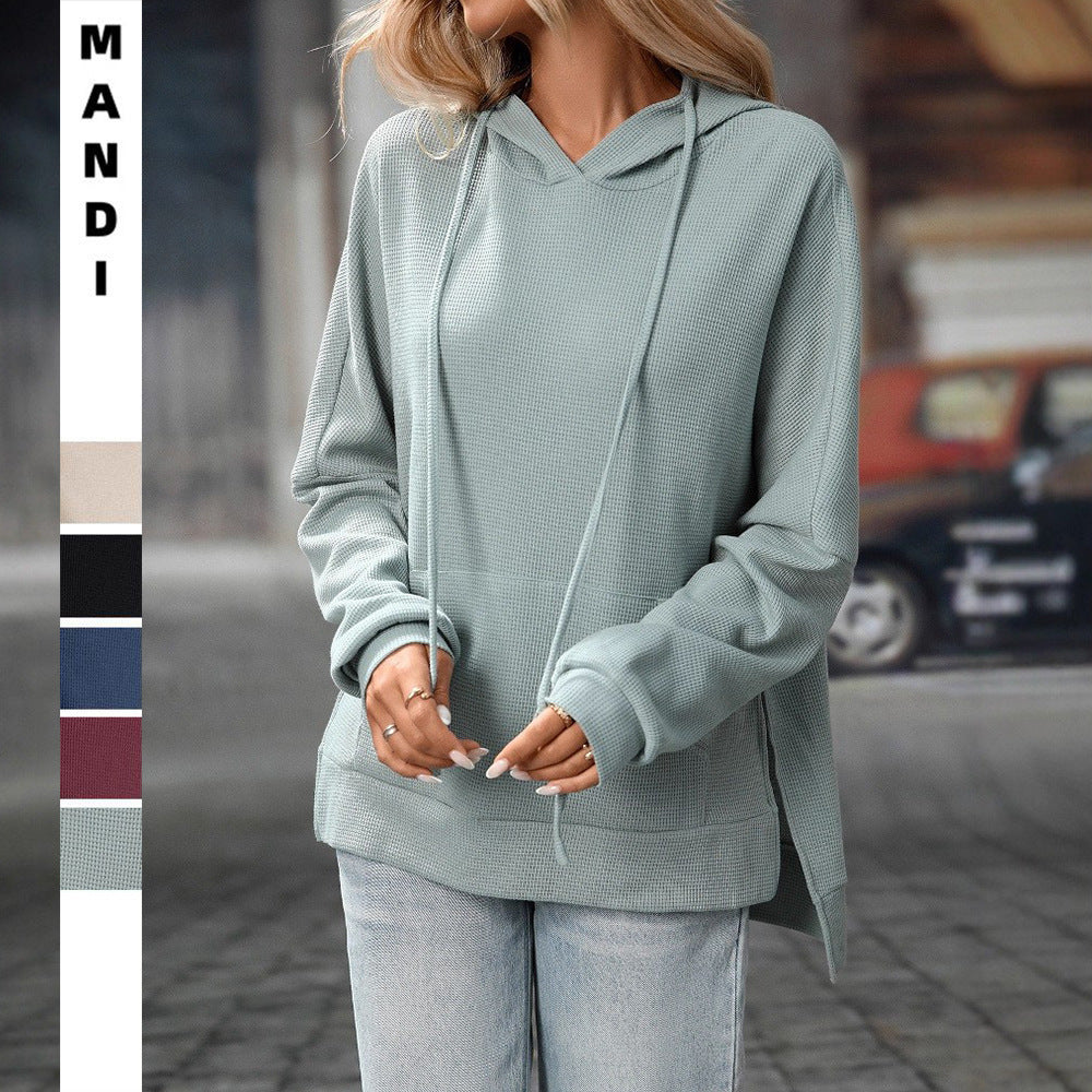 Hoodies for Women Casual Long Sleeve Waffle Knit Drawstring Side Slit Pullover Sweatshirts with Pocket - Seldom Seen Styles