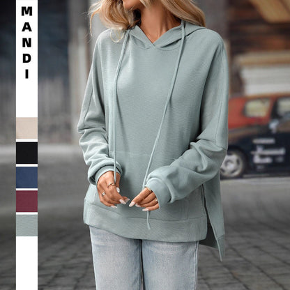 Hoodies for Women Casual Long Sleeve Waffle Knit Drawstring Side Slit Pullover Sweatshirts with Pocket - Seldom Seen Styles