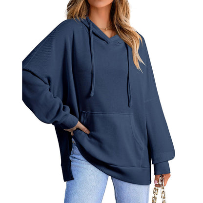 Hoodies for Women Casual Long Sleeve Waffle Knit Drawstring Side Slit Pullover Sweatshirts with Pocket - Seldom Seen Styles