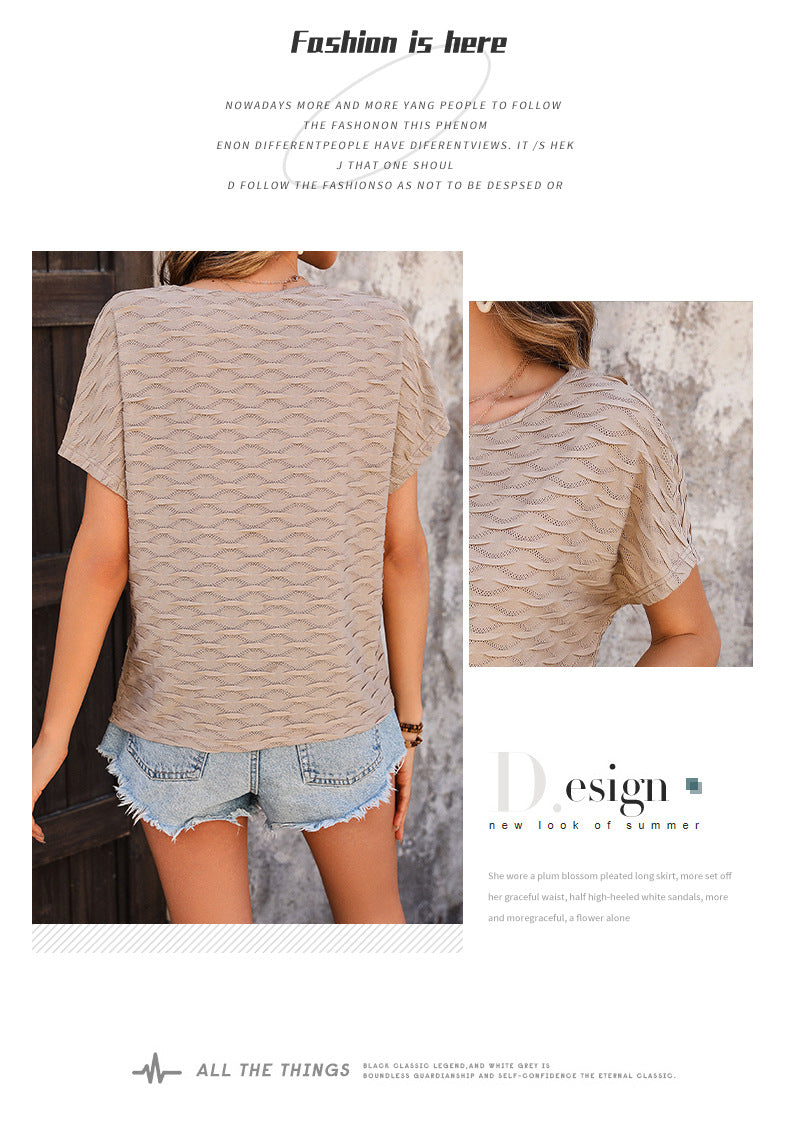 Hot-Selling Top Casual Versatile Solid Color Batwing Sleeve Summer Wave Pattern Top - Seldom Seen Styles