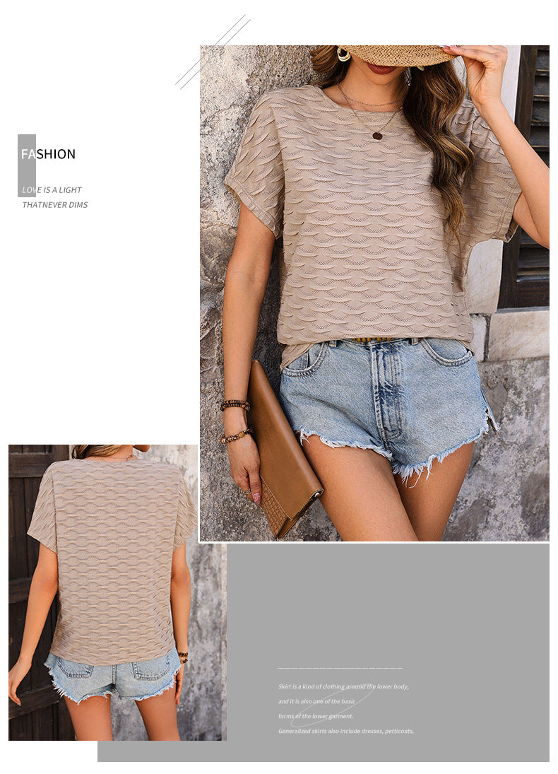 Hot-Selling Top Casual Versatile Solid Color Batwing Sleeve Summer Wave Pattern Top - Seldom Seen Styles