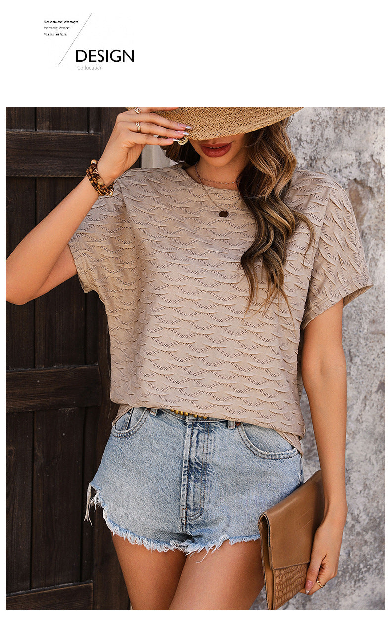 Hot-Selling Top Casual Versatile Solid Color Batwing Sleeve Summer Wave Pattern Top - Seldom Seen Styles