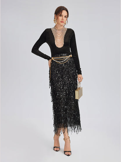 Tassel Sequin Midi Skirt
