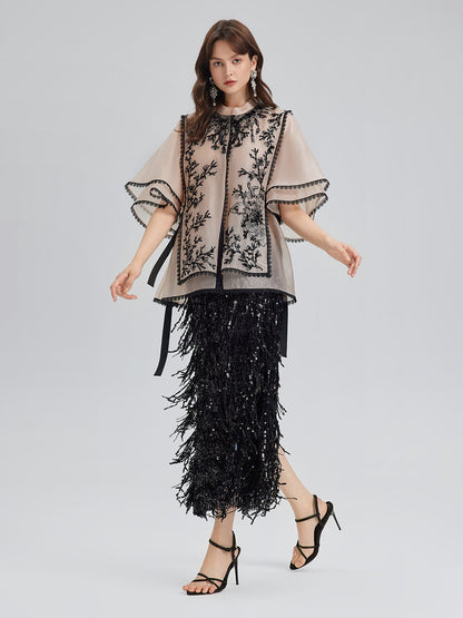 Tassel Sequin Midi Skirt